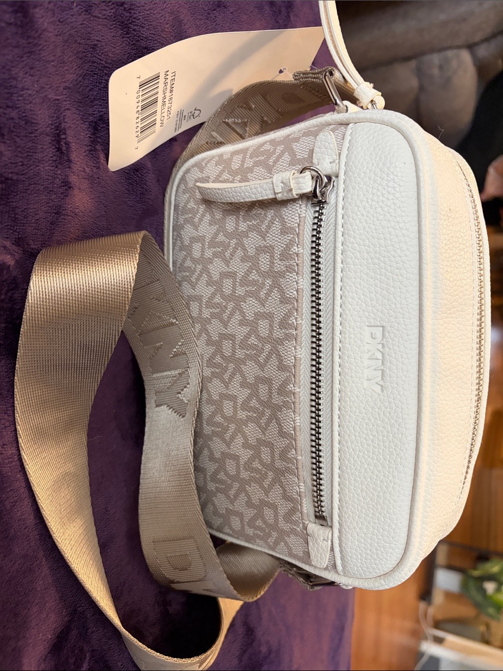Dkny White and Taupe Logo Crossbody Bag